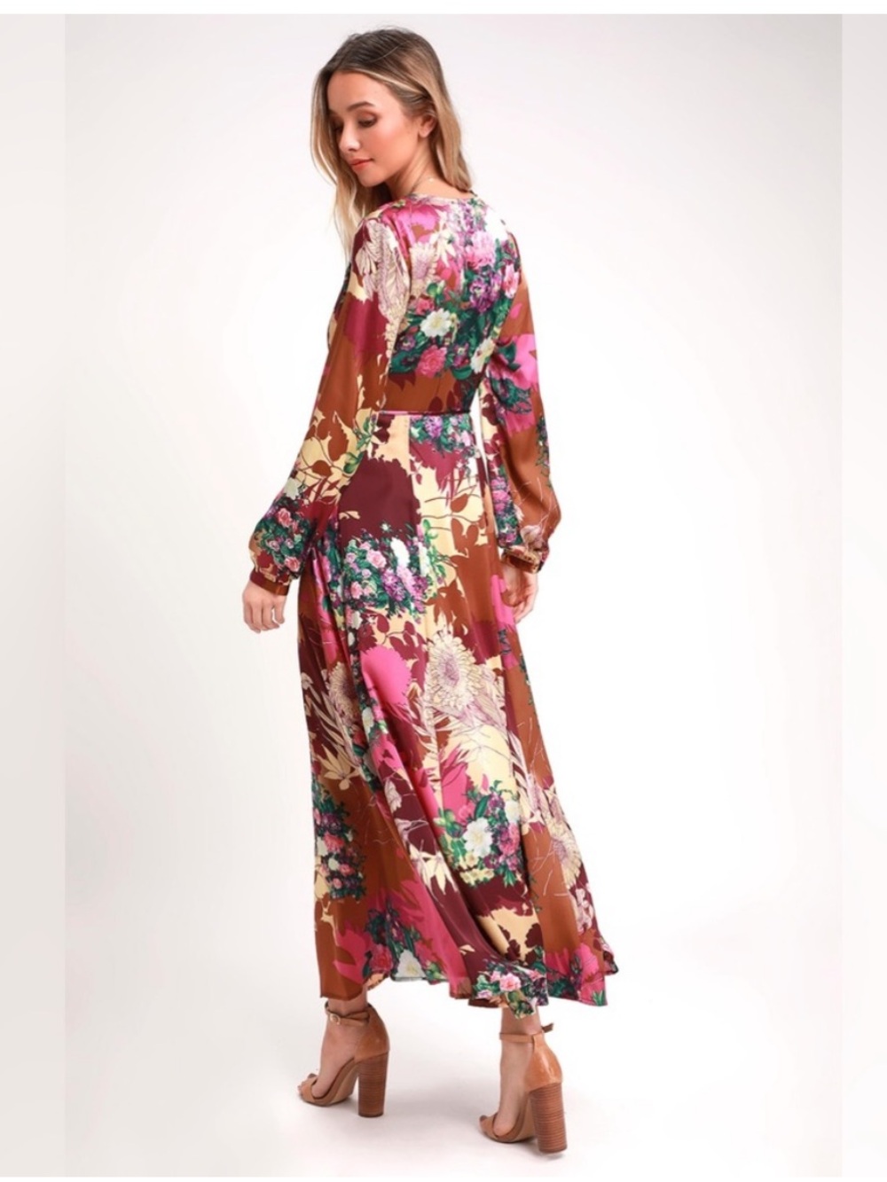 Lulus | Put on a Smile Burgundy Floral Print Satin Wrap Maxi Dress - Picture 4 of 11